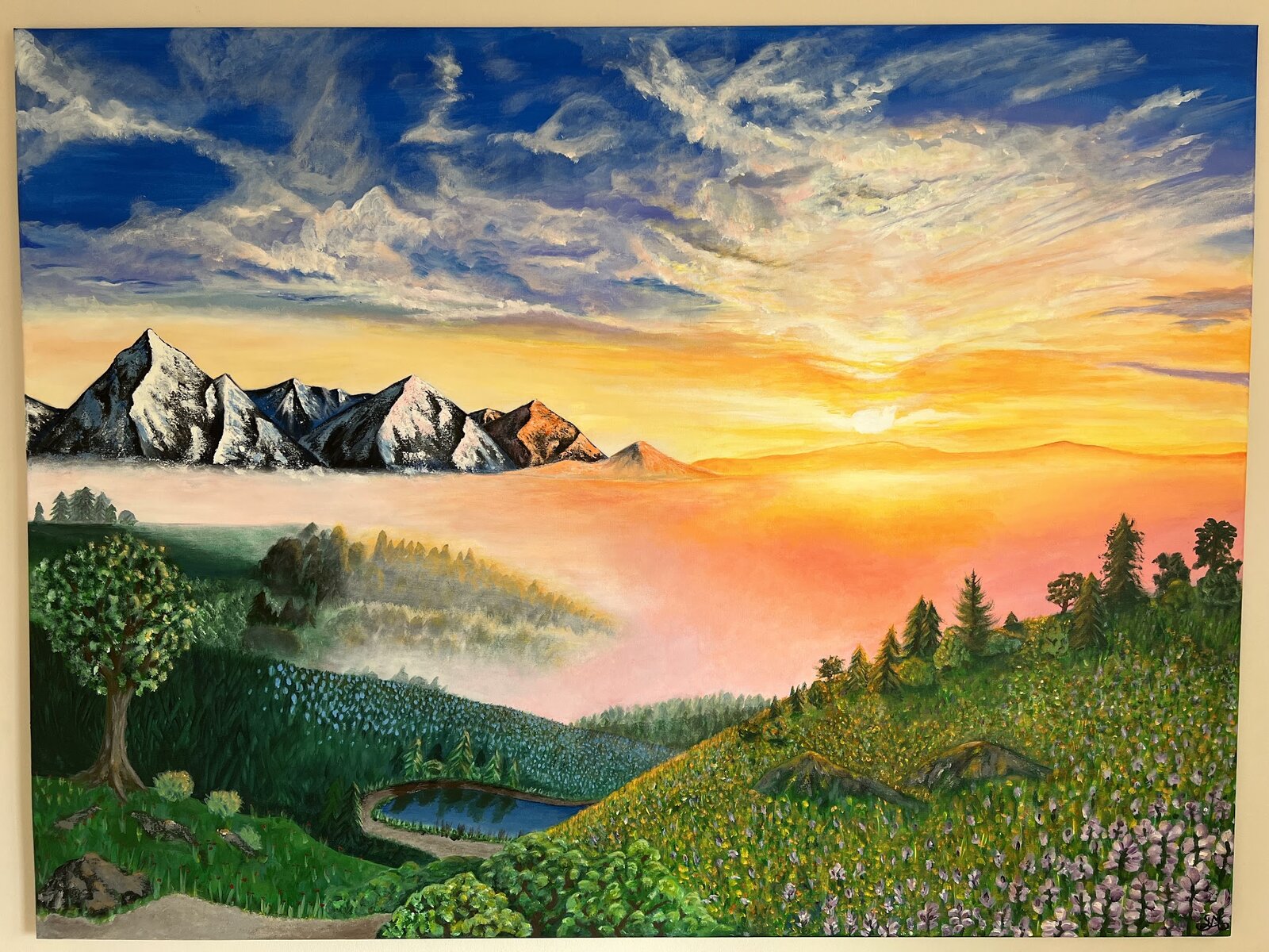 Valley of Light, maleri af bjerge og solopgang
